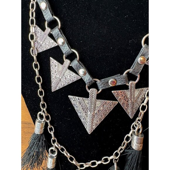 Boho Statement Necklace Silver Tone Triangles Black Tassels Adjustable Chain - Picture 2 of 9